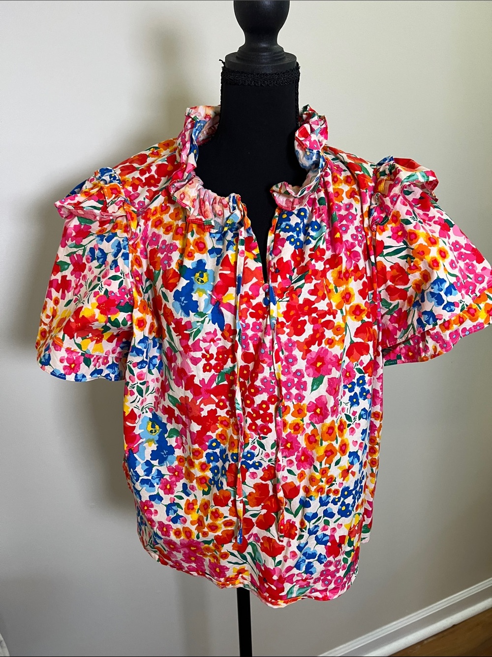 Buddy Love Pink Multi Floral Ruffle Tie Neck Top